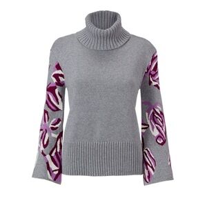 CAbi Gray Cowlneck Sweater with Purple Floral Sleeves